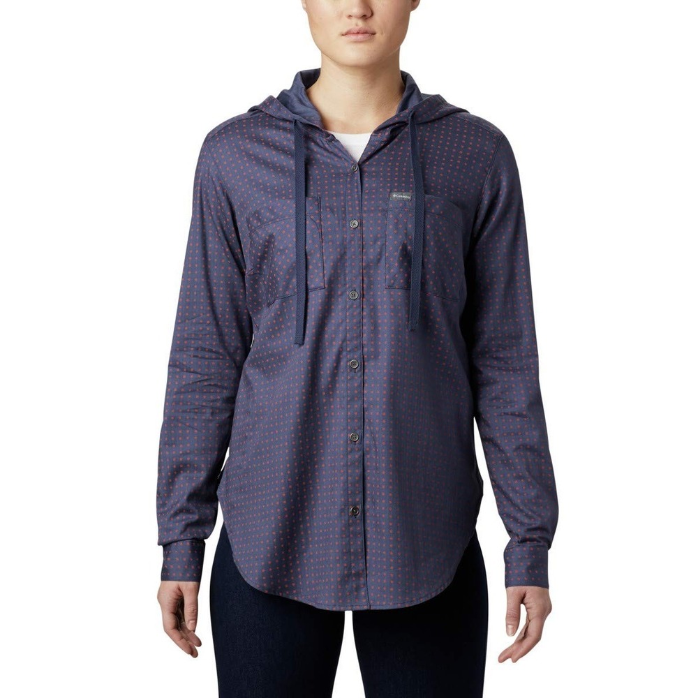Columbia Hooded Shirt Womens XS Nocturnal Anytime Stretch Ditsy Dot 188822-466